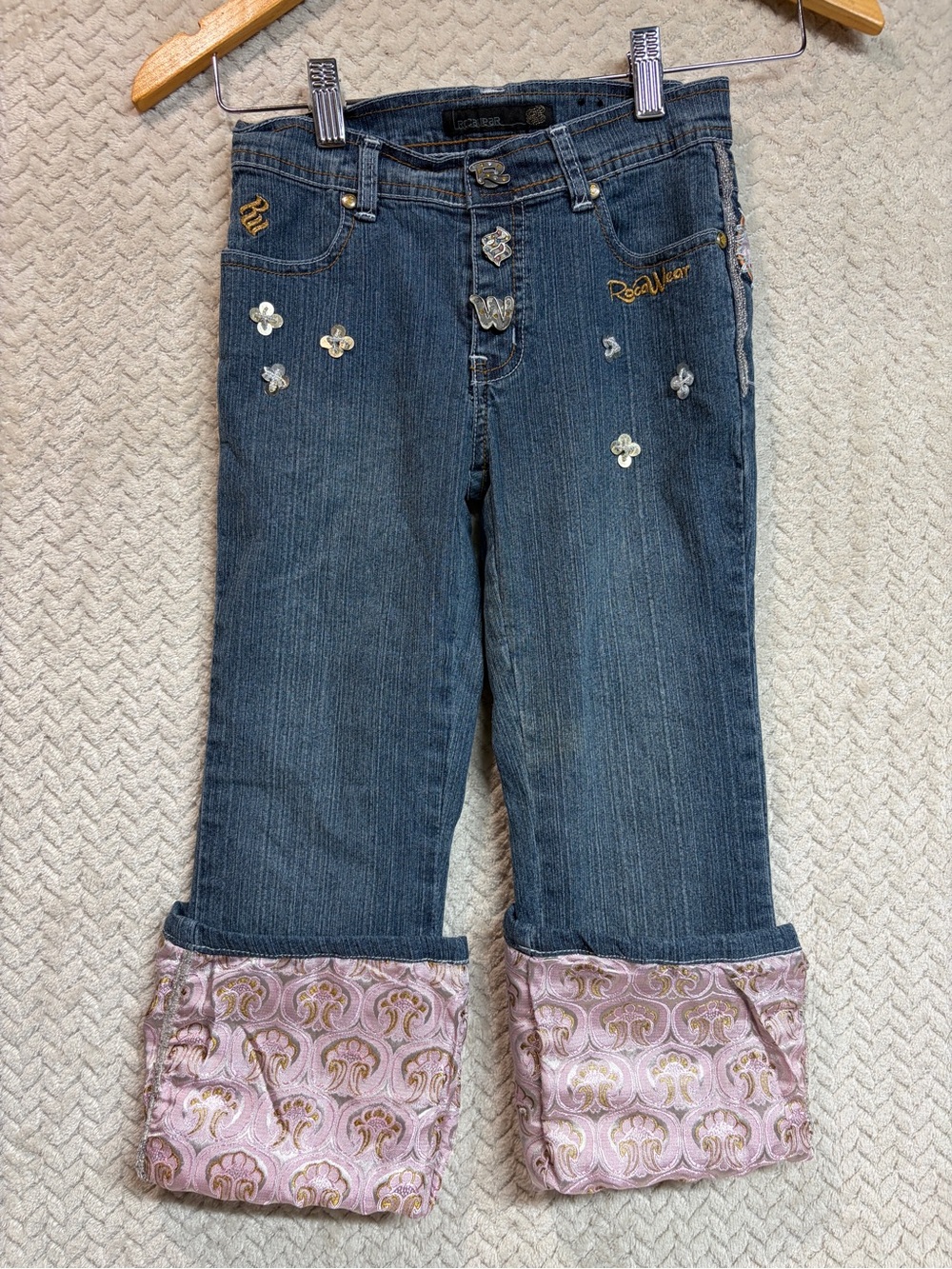 Vtg Y2K Rocawear Girls Size 7 Embellished Jeans Sequin McBling Pink Brocade Cuff